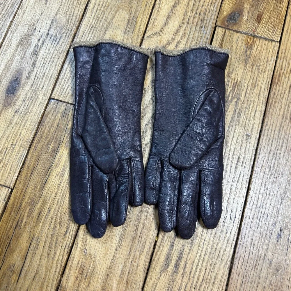 Fownes Brown Leather Gloves Knit Lined Size 6.5 Decorative Stitching Mens Womens